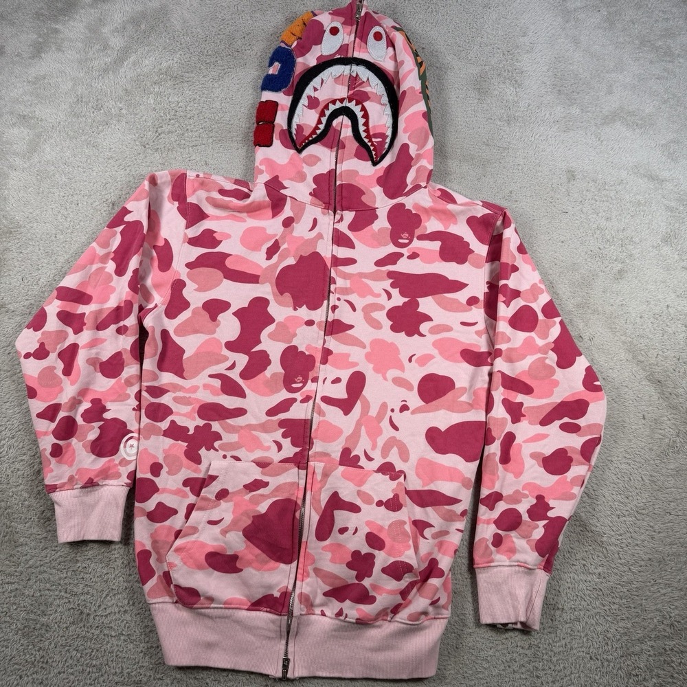 A Bathing Ape Hoodie Mens Large (Fits Small) Pink Camo Shark AGM Full Zip BAPE